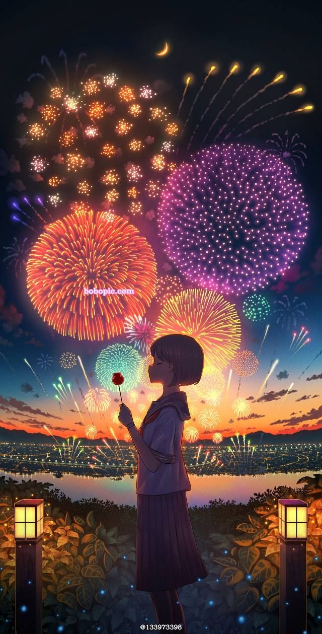 原创, 原创, 女孩子, background, 风景, sky, night view, 焰火, 女高中生, Mikazuki