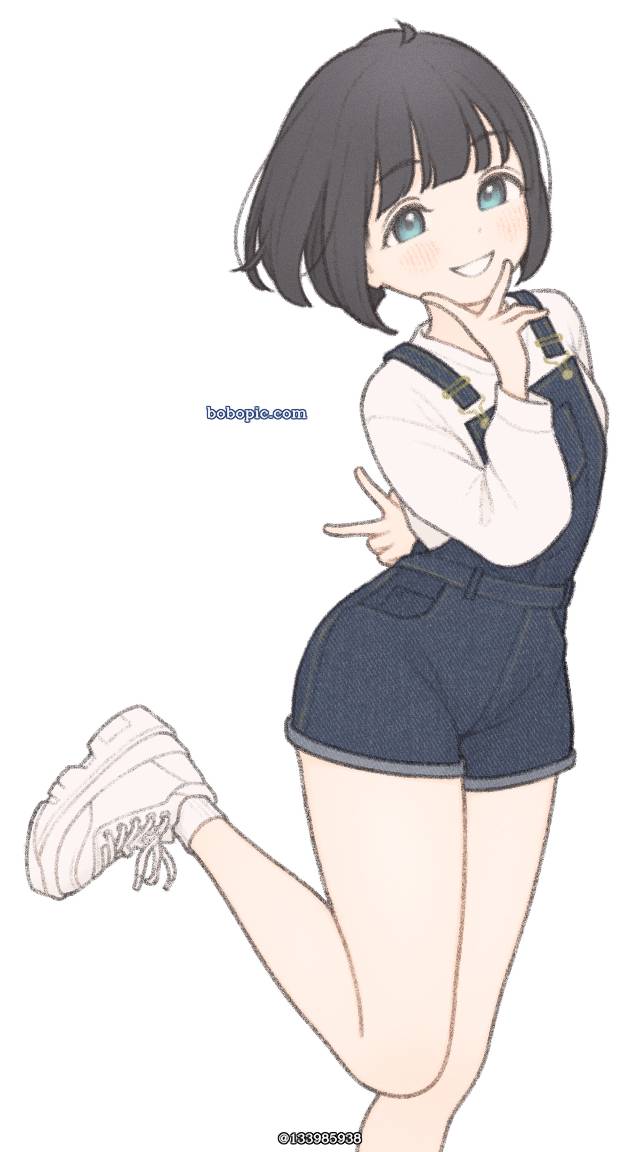 原创, 女孩子, overalls, pose, peace sign, 波波头
