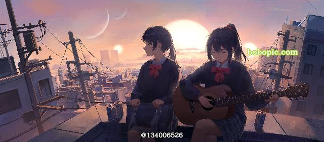 女孩子, 风景, scenery, illustration, 夕阳