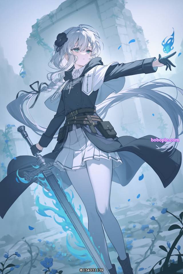 AI 画作, 女孩子, young girl, 白发, 剑, armed girls, 白裤袜