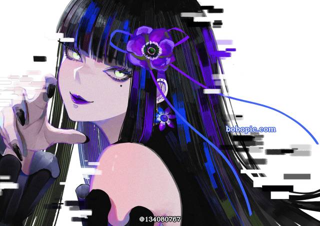 原创, 女孩子, 黑发, 黑长直, flower, exposed shoulders, 蝴蝶结