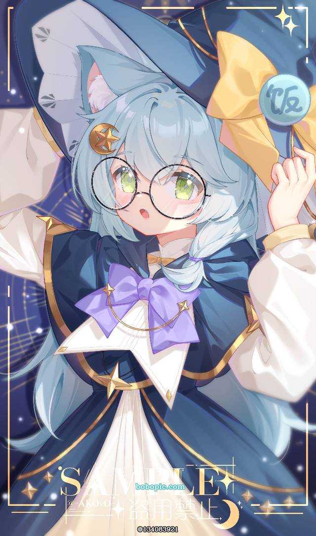 女孩子, 萝莉, 猫耳, 猫娘, 眼镜, witch, green eyes, light blue hair
