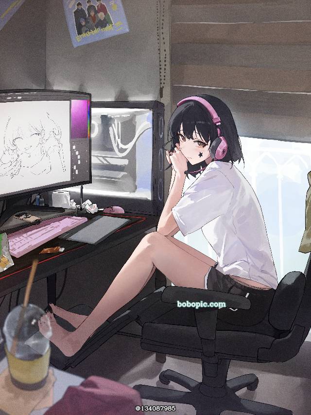 女孩子, black hair, 头戴式耳机, 赤脚, headset, 赤脚