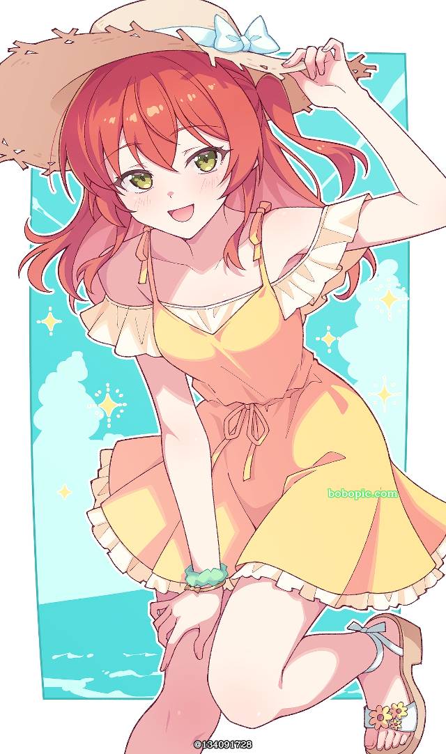 Ikuyo Kita, red hair, green eyes, 草帽, smile, summer dress, sandals