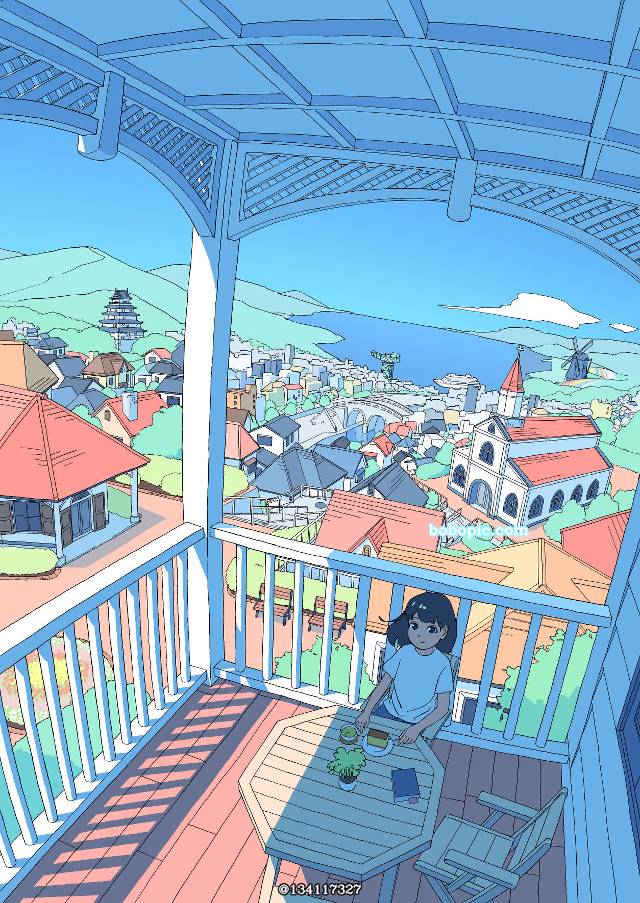 风景, background, 女孩子, 洋馆, balcony, 阳台, 食物, townscape, sea