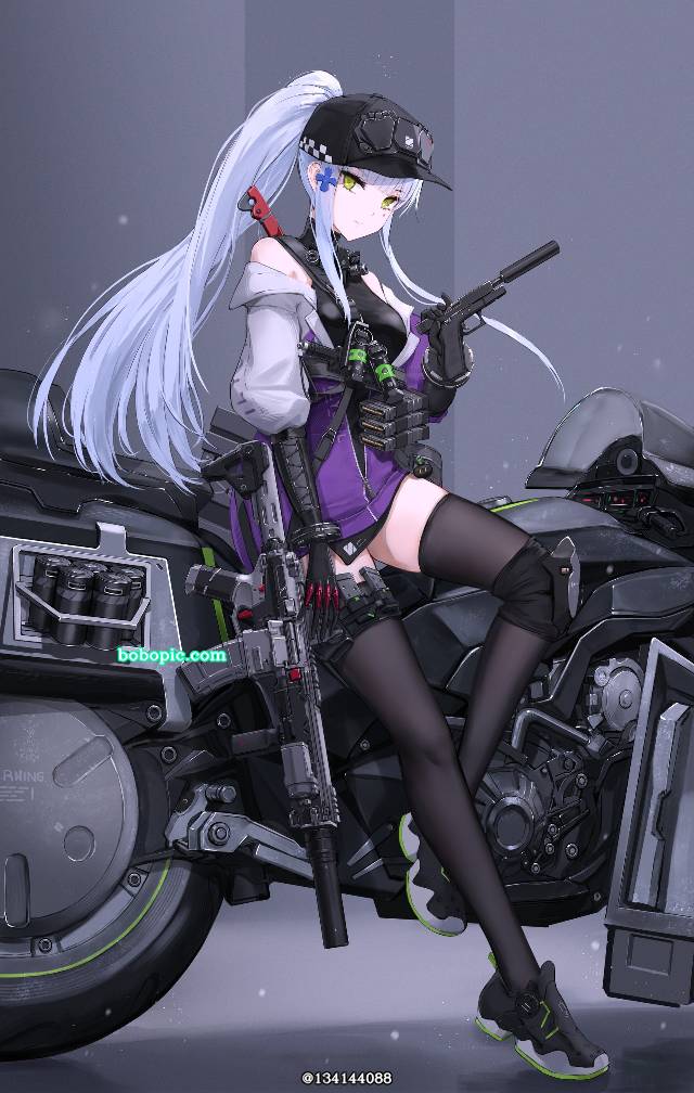 女孩子, 少女前线, Girls' Frontline, armed girls, 自行车, 枪, 过膝袜, 白发, 马尾