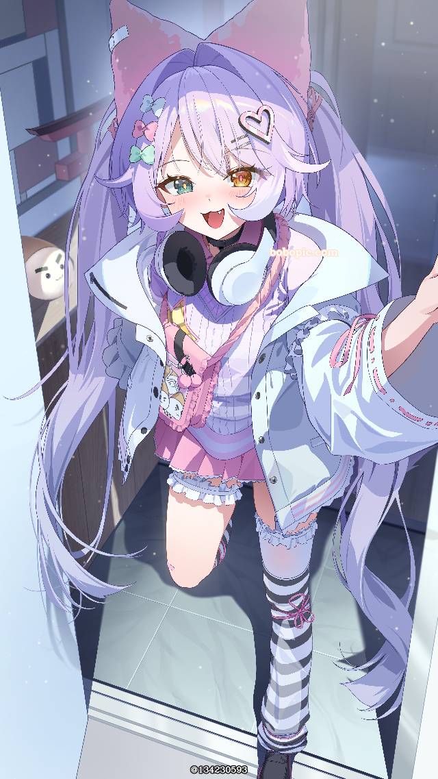 女孩子, 大腿, 异色瞳, fox ears, 过膝袜, 双马尾, purple hair