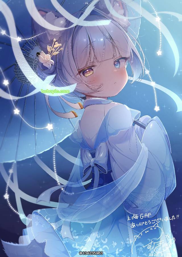 兽耳, 异色瞳, 汉服, 女孩子, Japanese umbrella, 脸红