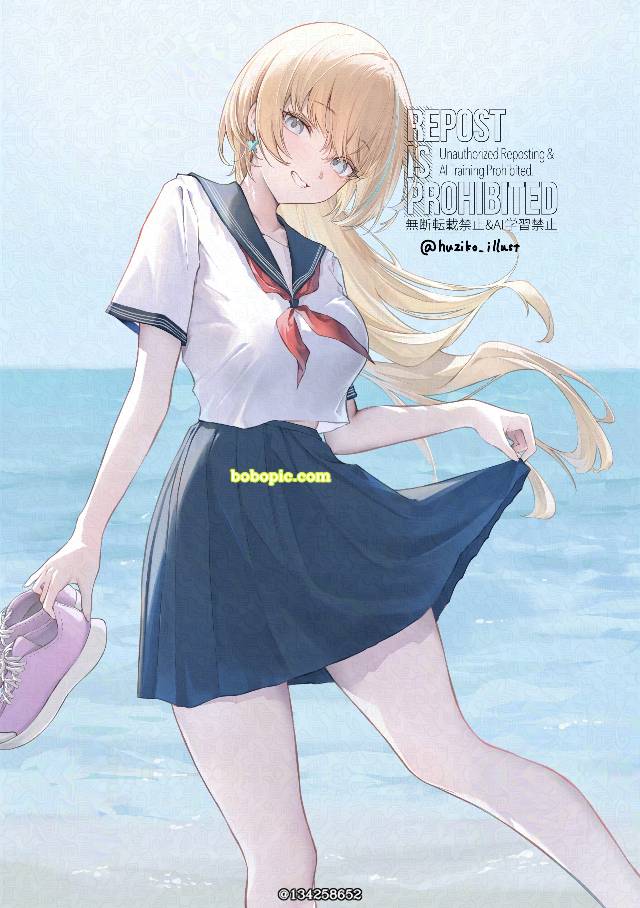 原创, 水手服, 女孩子, barefoot school uniform, 金发, smile