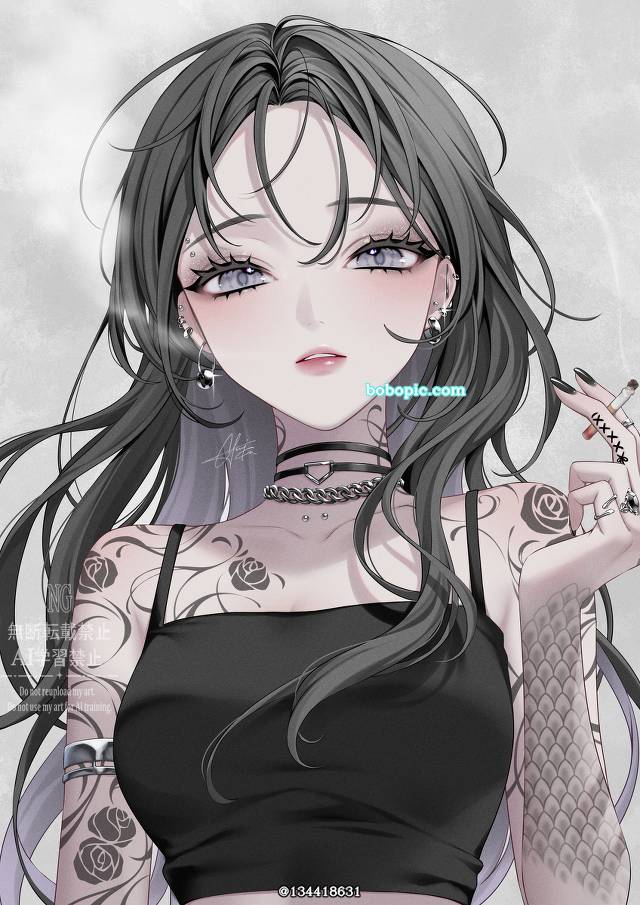 原创, 女孩子, 穿洞, 香烟, 刺青, 原创