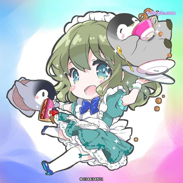 anime coloring, 女仆, SD角色, 企鹅, 原创, waitress, tea, 蛋糕