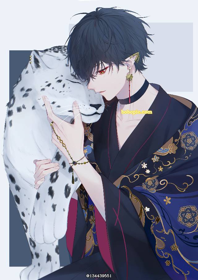 原创, 原创, 男孩子, 和风, 雪豹, 动物, 黑发