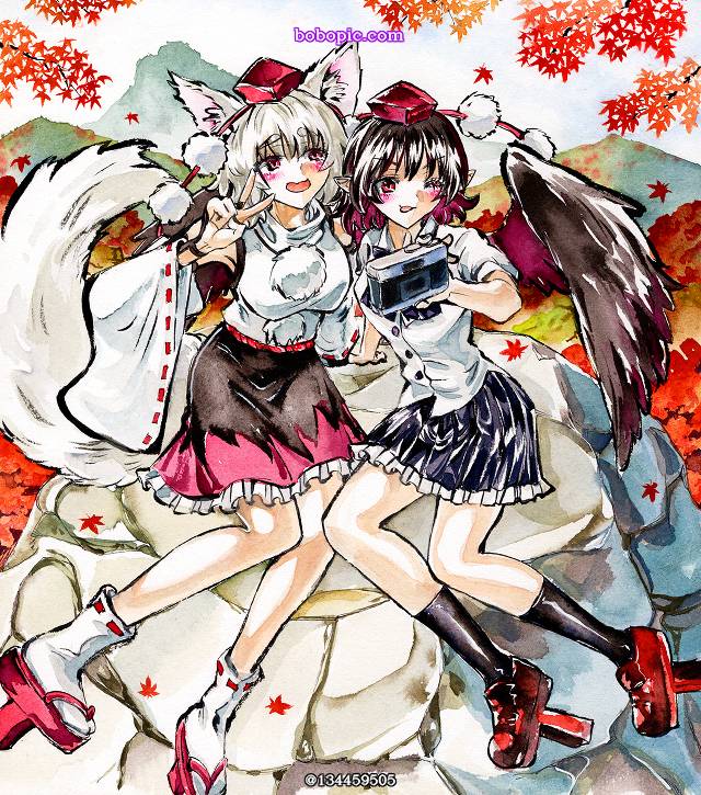 东方, 手绘, 东方Project, shishiki board, aya shameimaru, momiji inubashiri, 文椛