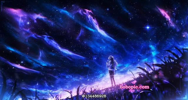 风景, background, 原创, illustration, fantasy, night sky, 女孩子, starry sky, commissioned work, star