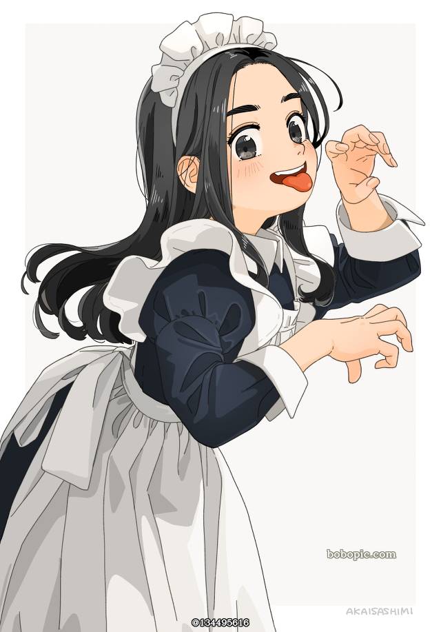 围裙, tongue out, 女仆, 黑长直, roar, Original 500+ bookmarks, 连衫围裙