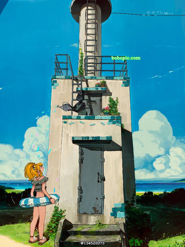 女孩子, background, 原创, sea, cat and girl