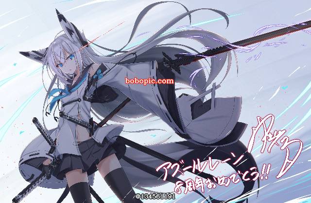 江风（碧蓝航线）, 碧蓝航线, 日本刀, fox ears, 白发, 兽耳, armed girls, 露肚脐, 碧蓝航线八周年纪念