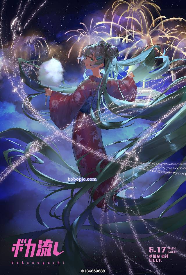 商业绘图, 初音未来, summer festival, yukata, 焰火, 夏天