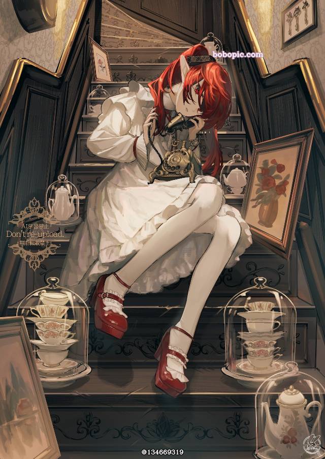 原创, 女孩子, OC, red hair, 双马尾, Antique, 楼梯
