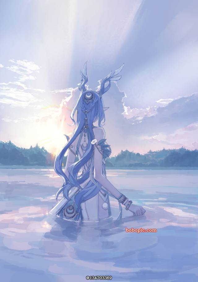 Genshin Impact, horned girl, partially in water, Houko Kuwashima