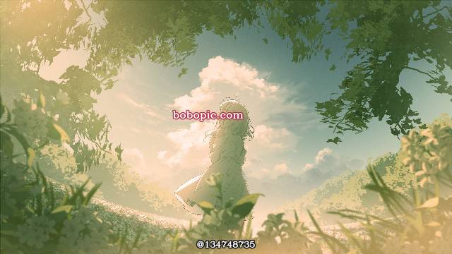 mouse drawing, young girl, sunlight through trees, sunset, 积雨云, flower field, forest, 风景, background