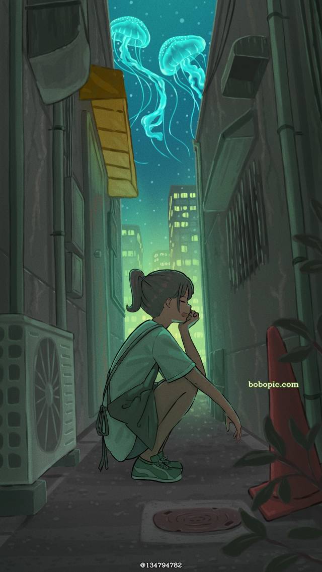 原创, 女孩子, background, 原创, night view, 水母, back alley