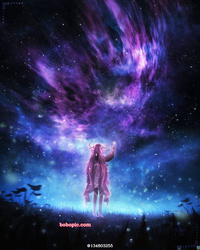 风景, background, 原创, illustration, commissioned work, fantasy, night sky, 女孩子, starry sky, star