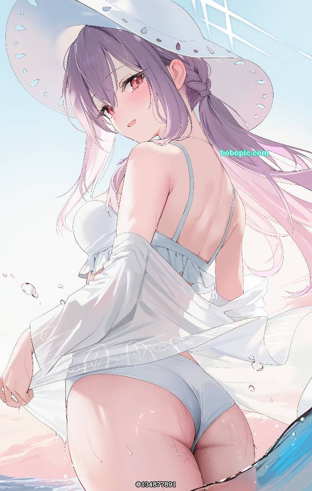 碧蓝档案, 秤亚津子, 秤亚津子（泳装）, 泳装, wet, 屁股, 后背, purple hair, partially in water