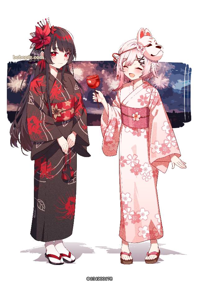 一张魔法少女的魔女审判,苹果糖,和服,二阶堂希罗,樱羽艾玛,微笑绘画图片