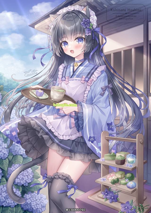 女孩子, 原创, 原创, cat ears, 黑长直, 商业绘图, Japanese maid