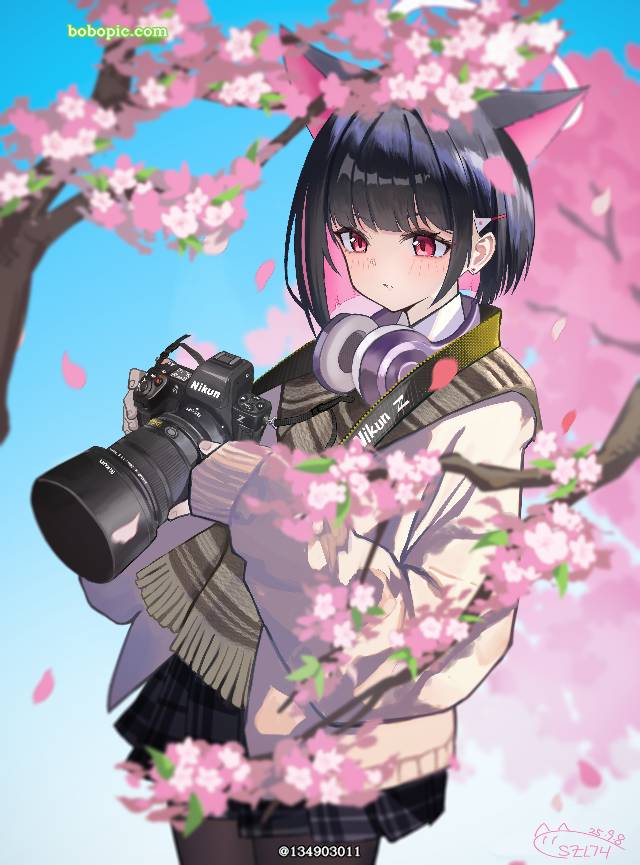 碧蓝档案, 杏山和纱, 女孩子, cat ears, 黑发, 兽耳, 黑裤袜
