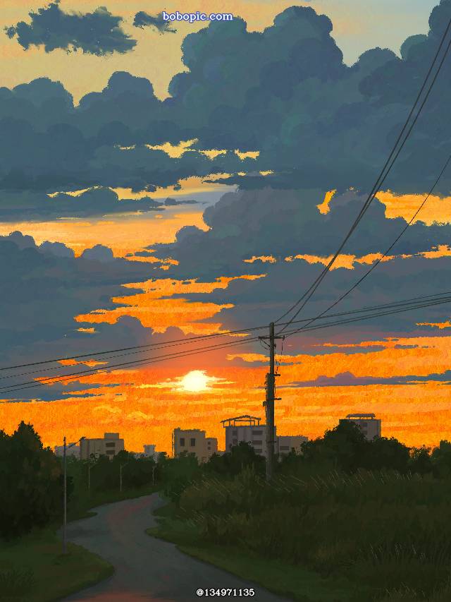 风景, sky, aesthetic, sunset, illustration, background, 夕阳