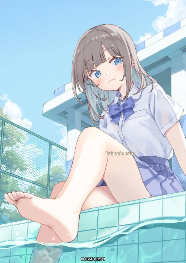 原创, 女孩子, uniform, 赤脚, 泳池