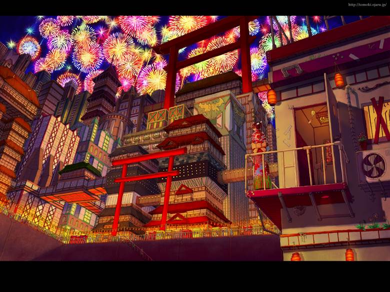 夏天, yukata, 焰火, 祭典, 建议点击, building, Torii