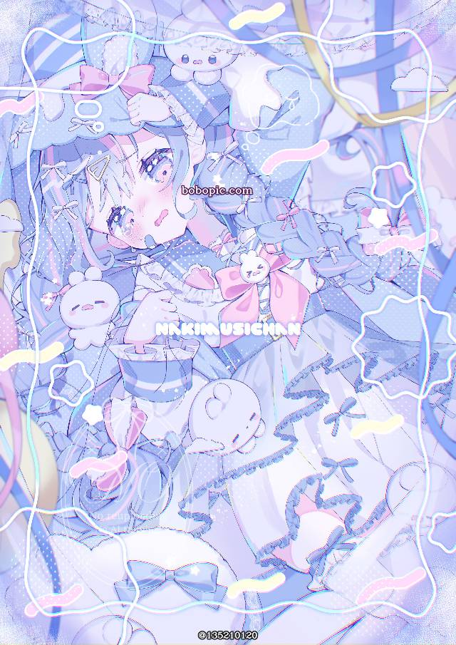 原创, 女孩子, 原创, fluffy, 蓝, aqua, 水手服, 兔子, 麻花辫