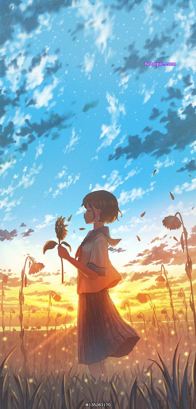 原创, 原创, 女孩子, 女高中生, background, 风景, sky, 夕阳, 云, 向日葵