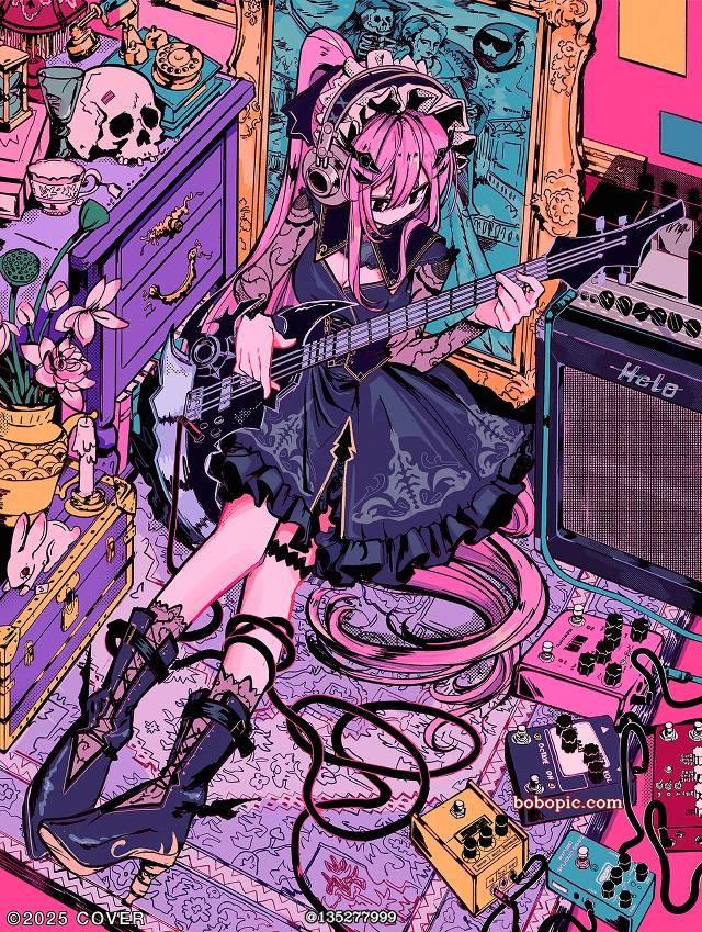 森美声, Hololive, 虚拟主播, 洛丽塔, bass, 乐器, 插画