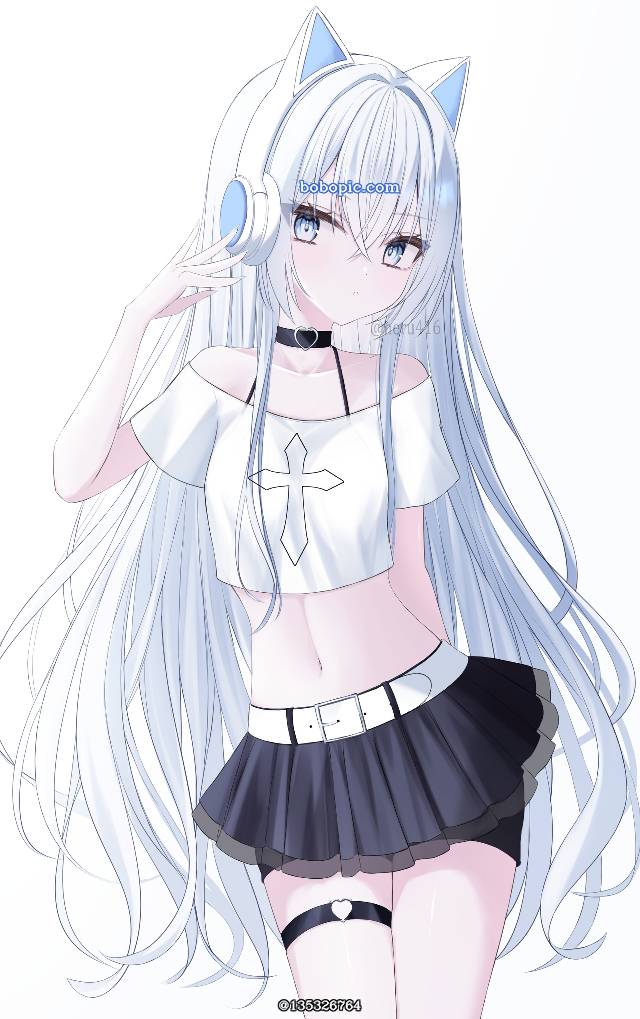 原创, 女孩子, 白发, navel piercing, cat ears headphones, 露肩, 肚脐