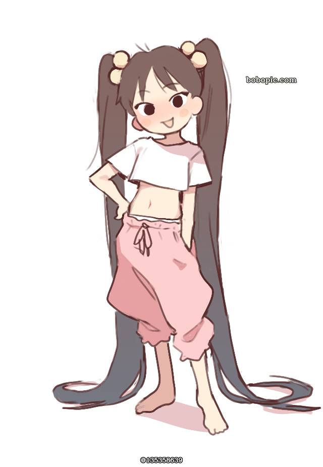 女孩子, 双马尾, 肚脐