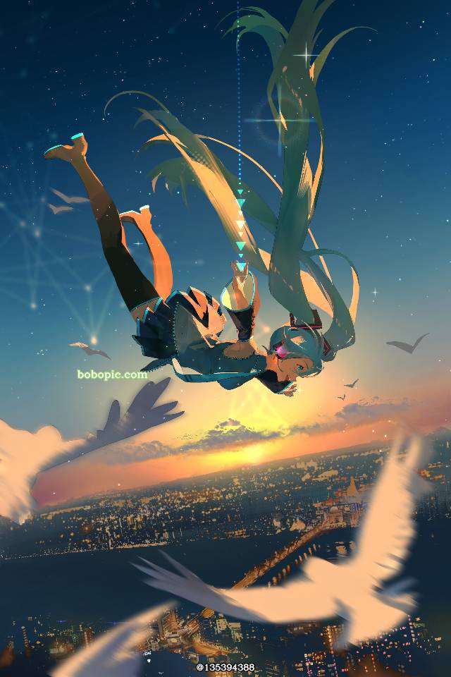 初音未来, 夕阳, 风景, young girl, 长筒靴