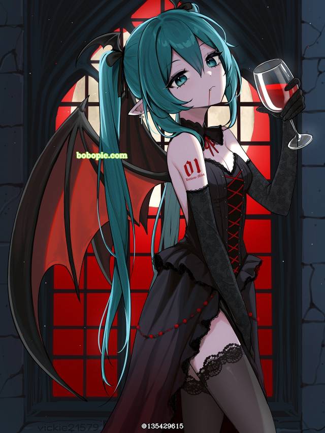 初音未来, vampire, 魅惑的大腿, blood, fang, 羽翼