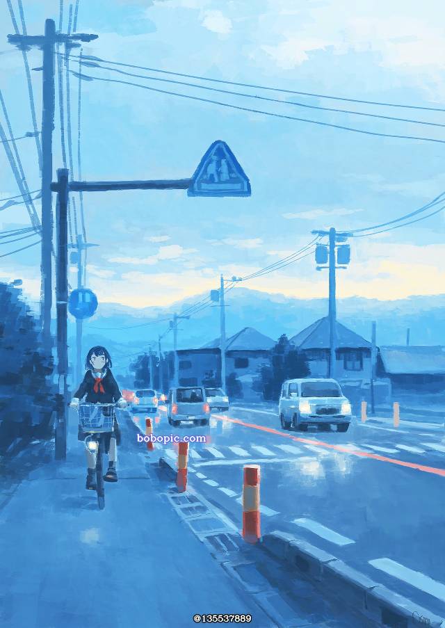原创, 女孩子, 风景, background, 自行车, 水手服, after the rain, early morning