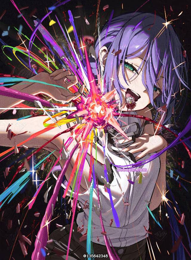 Reze, Chainsaw Man, 无袖, string ribbon, 刘海尾, tongue out, flower, purple hair