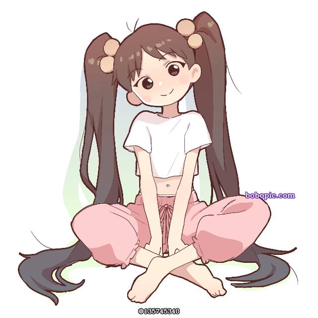 双马尾, 女孩子, 肚脐, 赤脚
