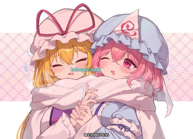东方Project, 东方, 西行寺幽幽子, 八云紫, yuri, 围巾, 千年组（紫幽）, scarf sharing, 粉色头发, 金发