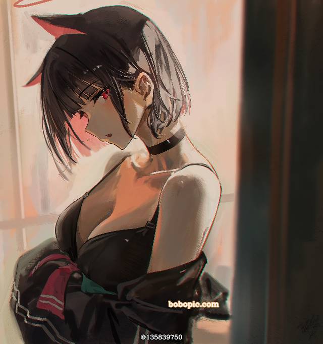 碧蓝档案, 杏山和纱, black bra, 魅惑的乳沟, 侧脸, collarbone, 项圈, sideways glance, Blue Archive 5000+ bookmarks