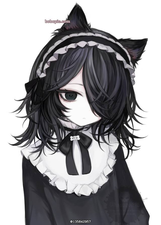 原创, 黑发, 兽耳, dog ears, one eye covered
