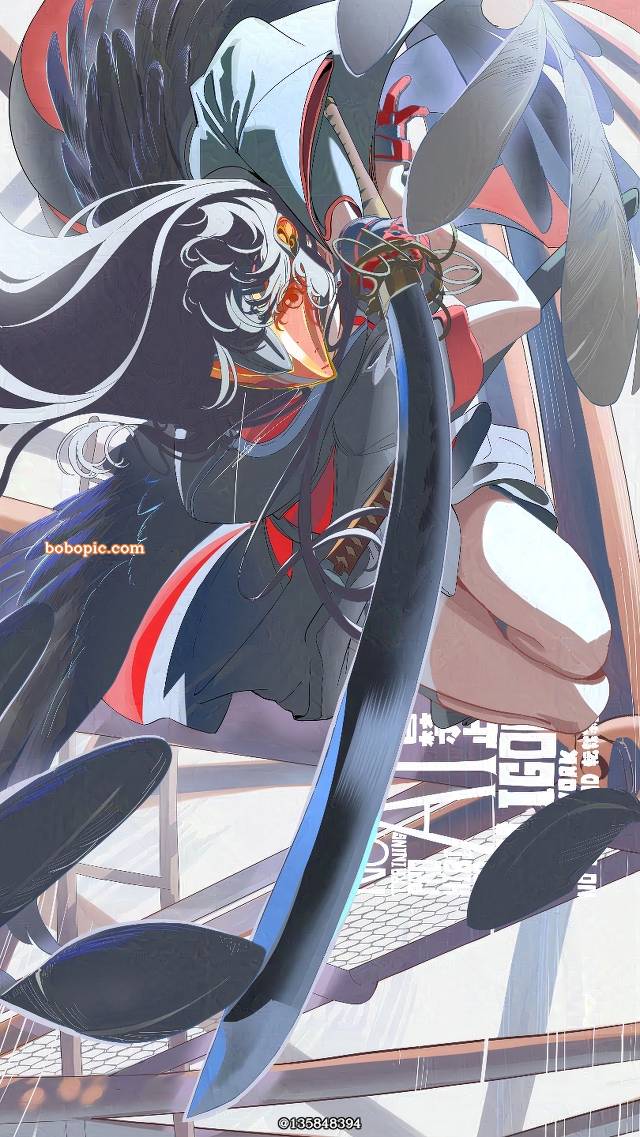 原创, uniform, 面具, Japanese sword, 羽翼
