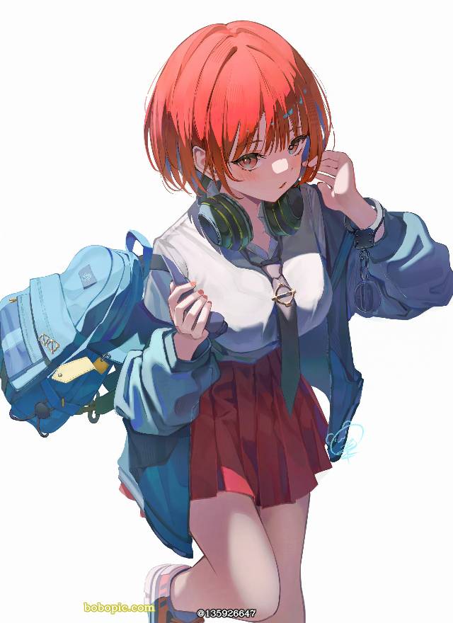 原创, 原创, young girl, 女孩子, 女高中生, uniform, red hair, 短发, 头戴式耳机