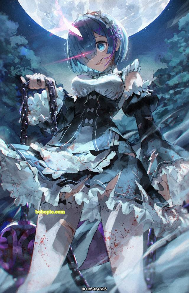 雷姆 (Re:Zero), Re:从零开始的异世界生活, 雷姆, 满月, bloody, Re: Zero 500+ bookmarks, one eye covered, 衣服破碎, 女仆, psycho